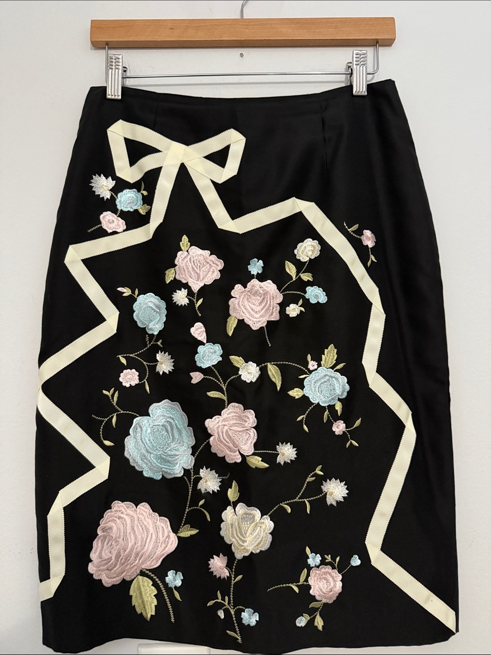 Embroidered Floral Black Midi Skirt with Cream Trim Feminine Romantic Elegant